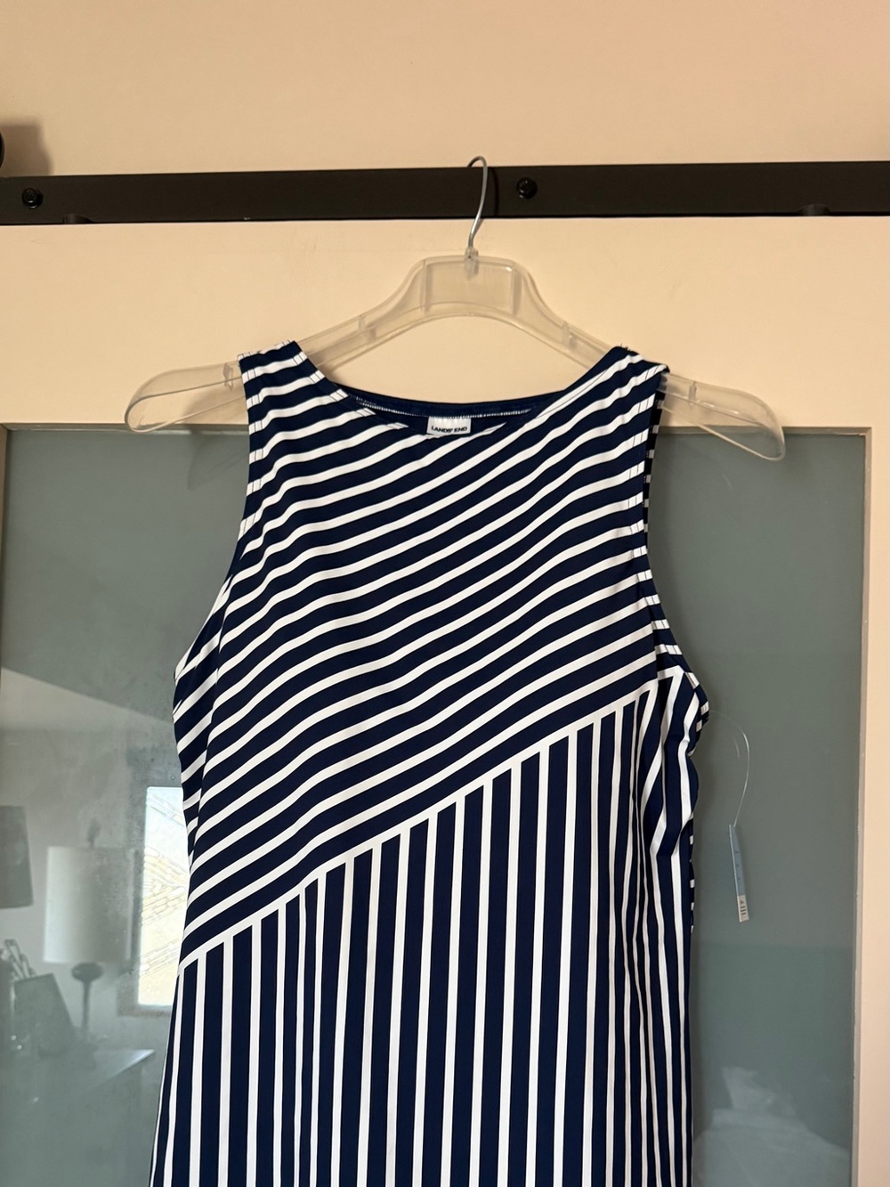 Lands' End Navy & White Diagonal Stripe Sleeveless tankini hi top size18DDD